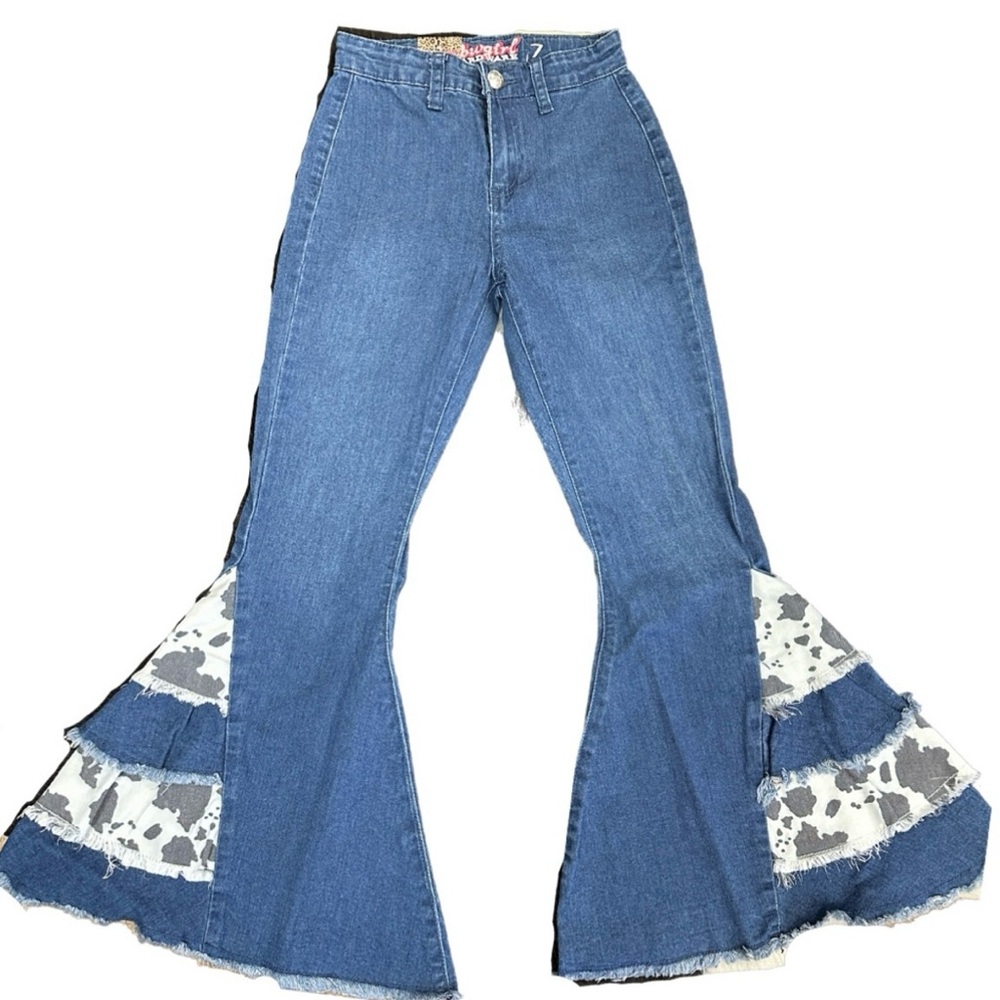 Cowgirl Hardware Flare Bell Bottom Girls Western Jeans with Cow Print Accents